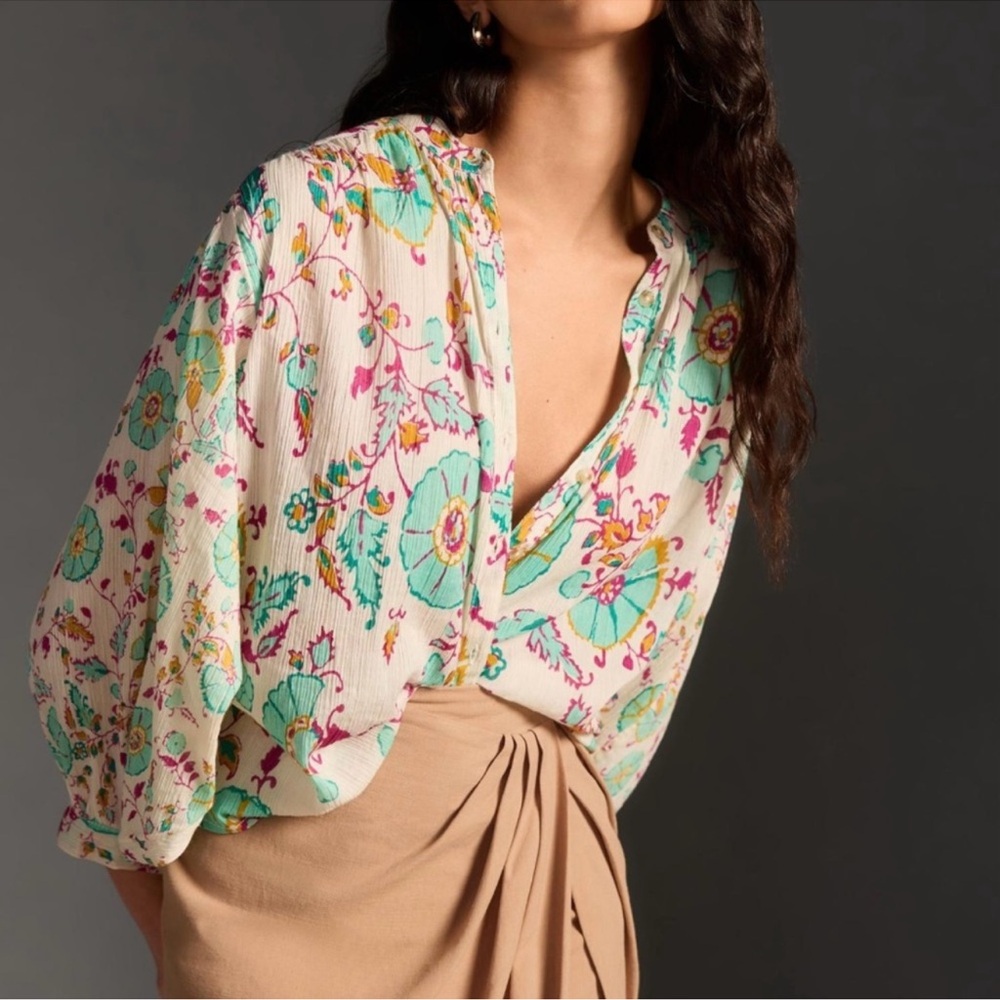 Anthropologie Cream Floral Peasant Blouse with Turquoise and Pink